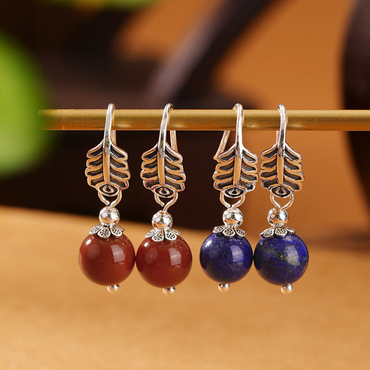 S925 Sterling Silver South Red Lapis Lazuli Vintage Distressed Leaves Ear Hook