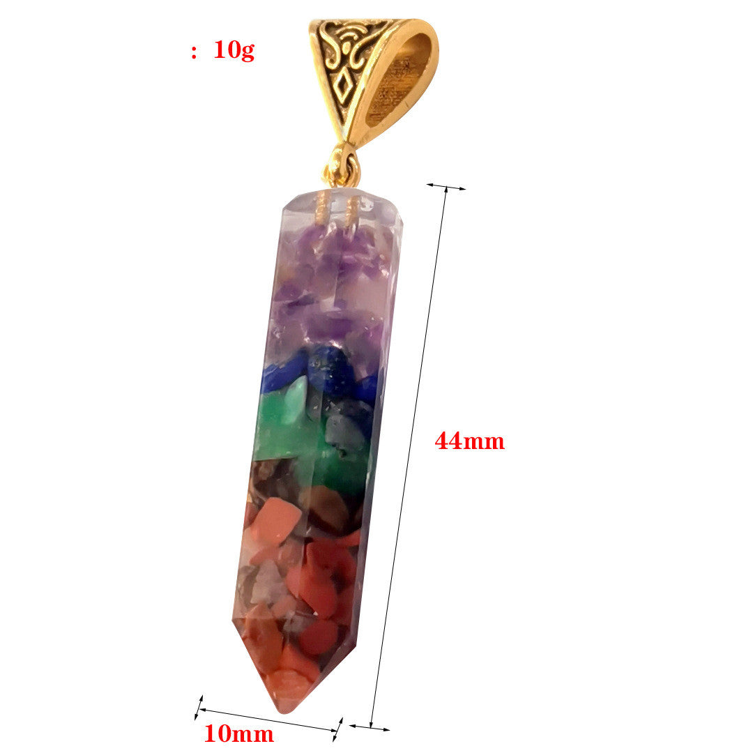 Seven Chakra Natural Crushed Stone Hexagon Column Necklace Aura Pendant