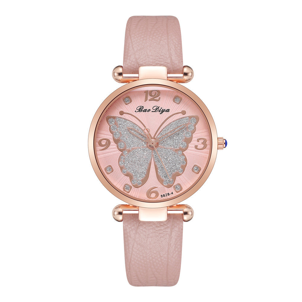 Glitter Butterfly Pattern Quartz Ladies Casual Belt Watch