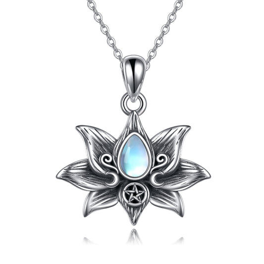 Sterling Silver Moonstone Lotus Flower Pendant Necklace Jewelry Gifts For Women