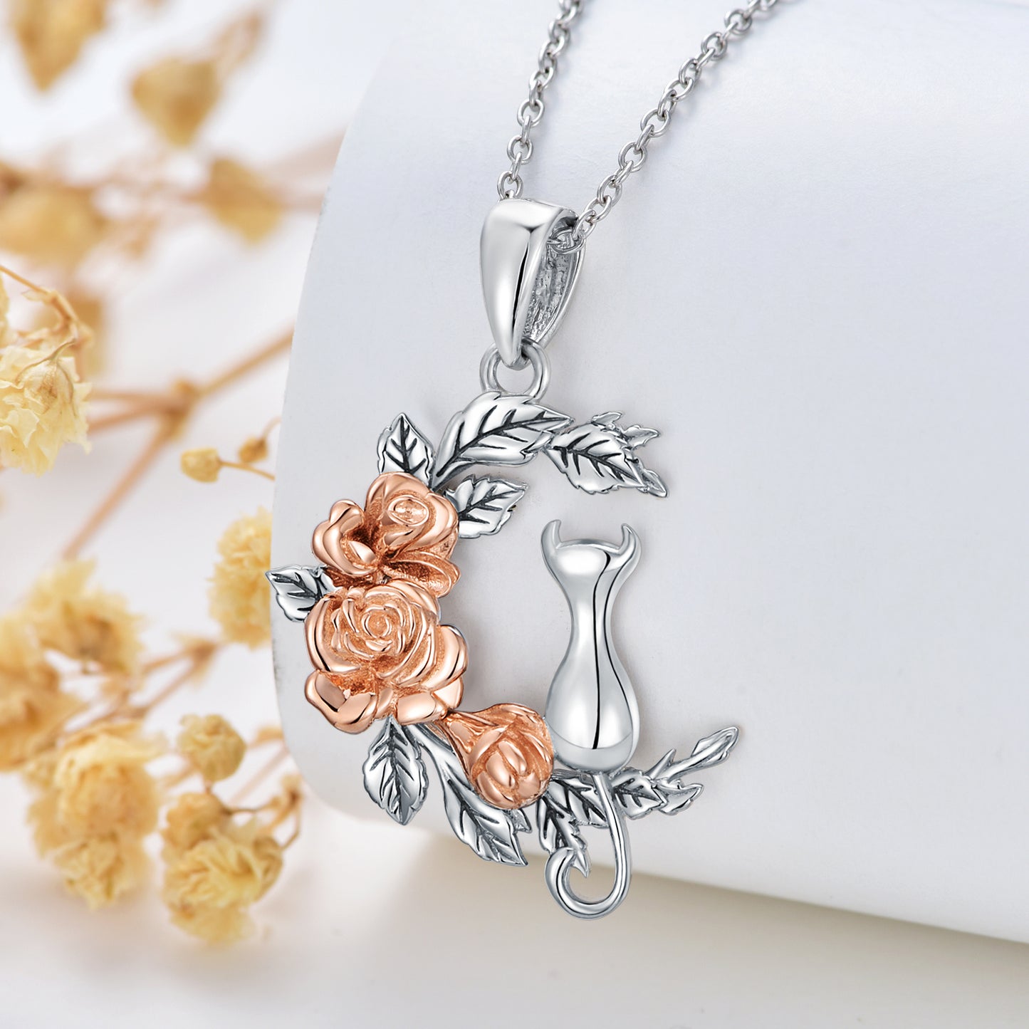 Cat Necklace Cat Rose Jewelry For Cat Lover Sterling Silver As Gifts For Women