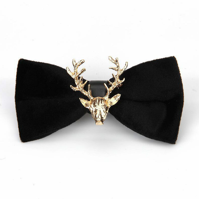 Gold Velvet Christmas Elk Head Wedding Bow Tie