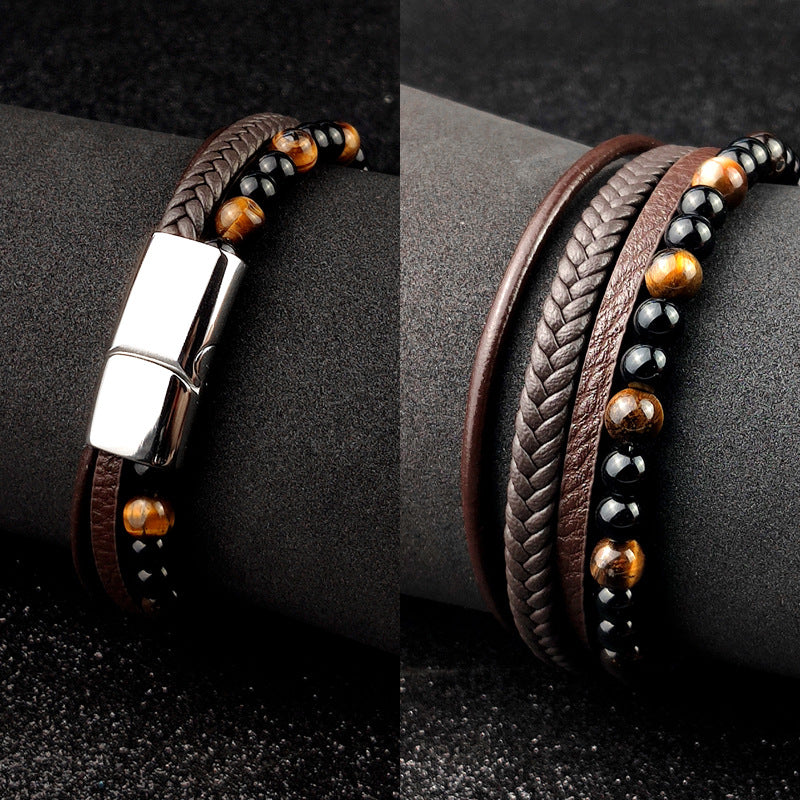 Men's Bead Leather Bracelet Tiger Eye Woven Leather Bead Bracelet