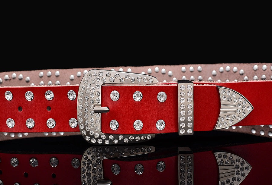 Leather Ladies Belt With Diamond-Studded Cowhide Pin Buckle