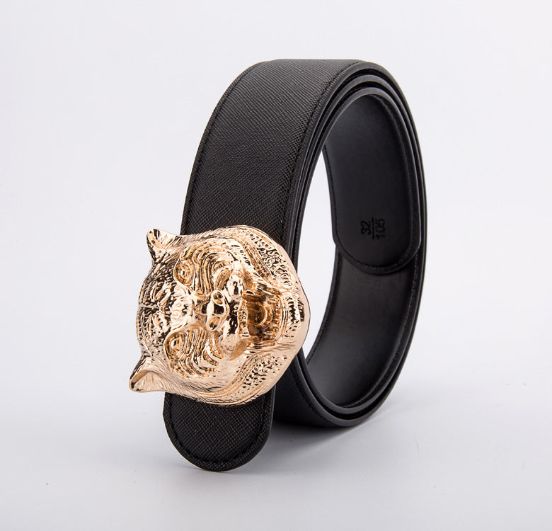 Tiger Head Buckle Leather Belt - Unisex, Durable, And Stylish