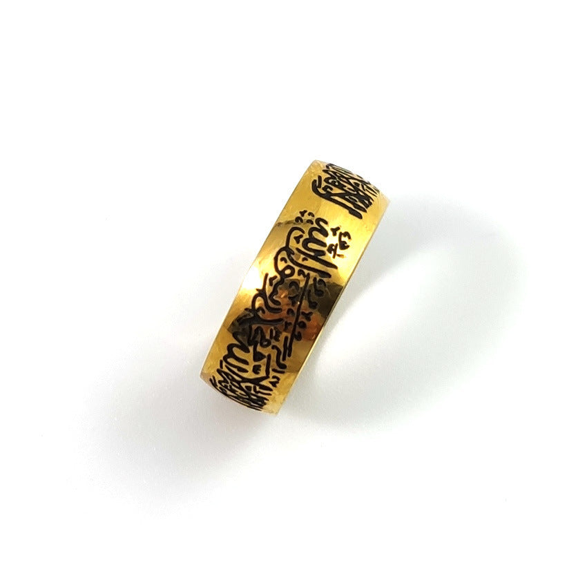 Fashionable Golden Black Doctrine Ring Etching Letters