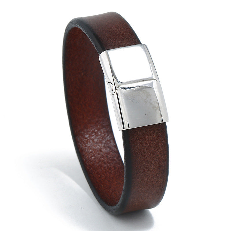 Fashion Cowhide Stainless Steel Leather Bracelet For Men