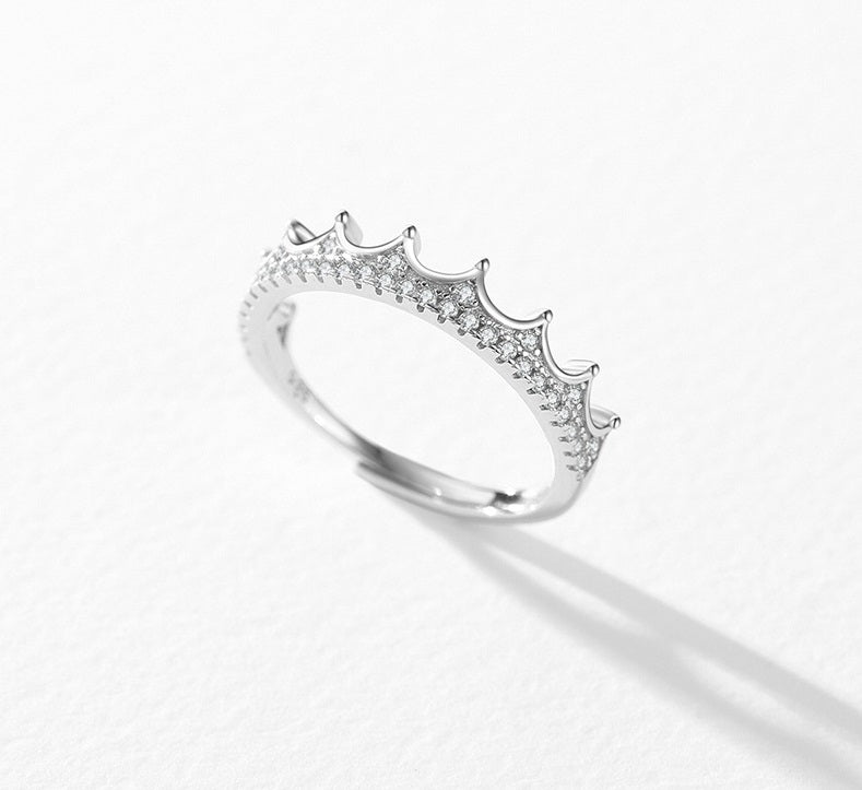 S925 Sterling Silver Micro-Inlaid Diamond Crown Simple Fashion Normcore Style Adjustable Ring