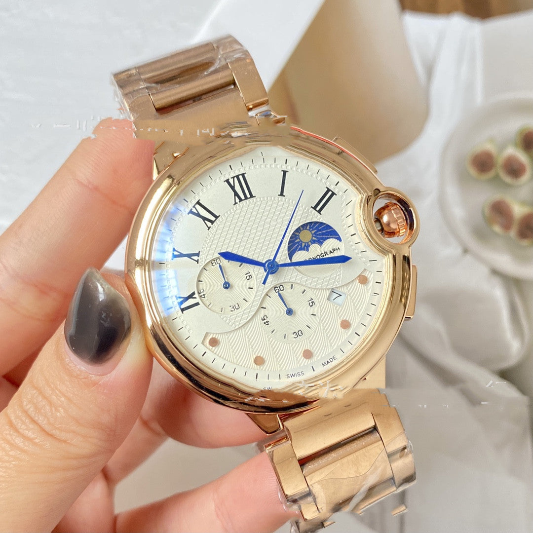 Simple Three-Hand Calendar Moon Phase Exquisite Design Watch