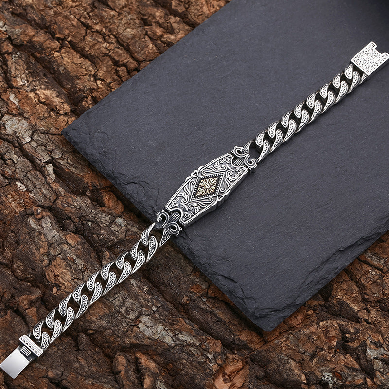 Sterling Silver Pattern Bracelet Tang Grass Men Thick Type