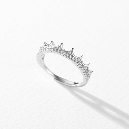 S925 Sterling Silver Micro-Inlaid Diamond Crown Simple Fashion Normcore Style Adjustable Ring