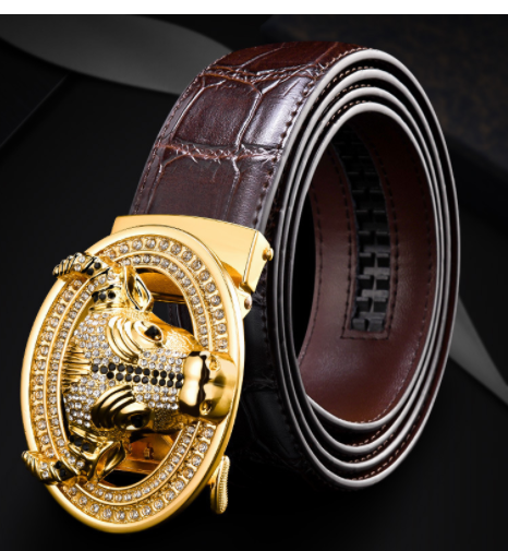 Automatic Buckle  Leather With Diamond-Studded  Pattern Bull Head Belt