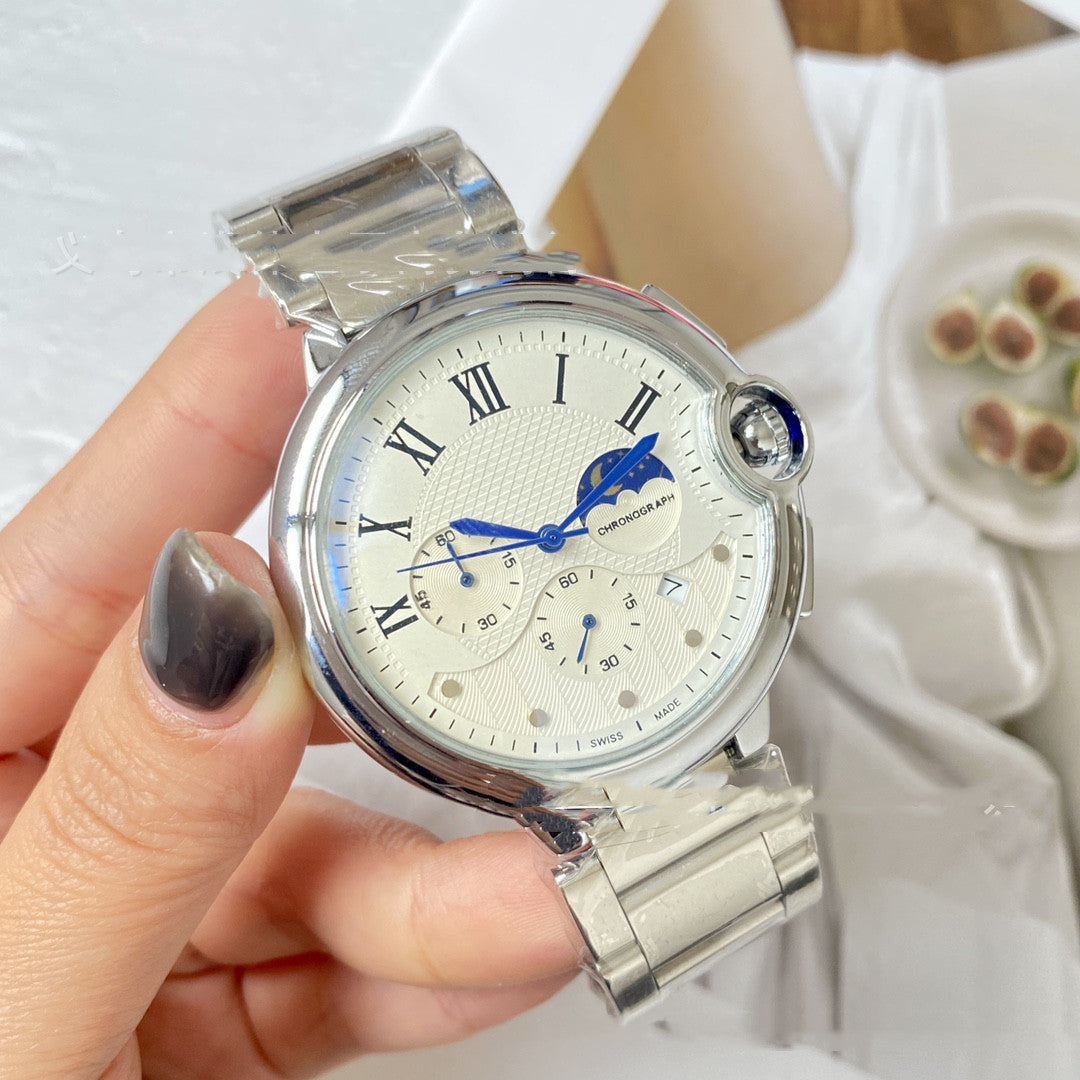 Simple Three-Hand Calendar Moon Phase Exquisite Design Watch