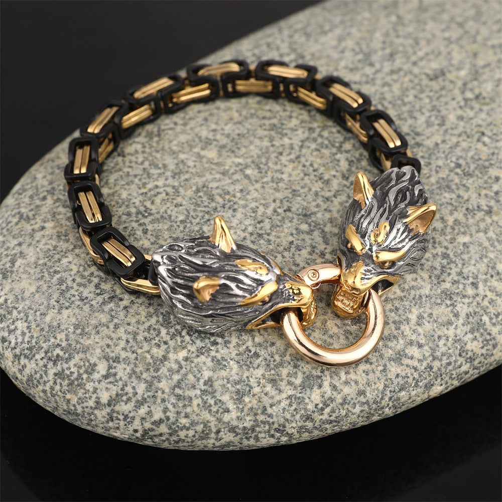 Stainless Steel Nordic Viking Wolf Head Emperor Chain Bracelet Men