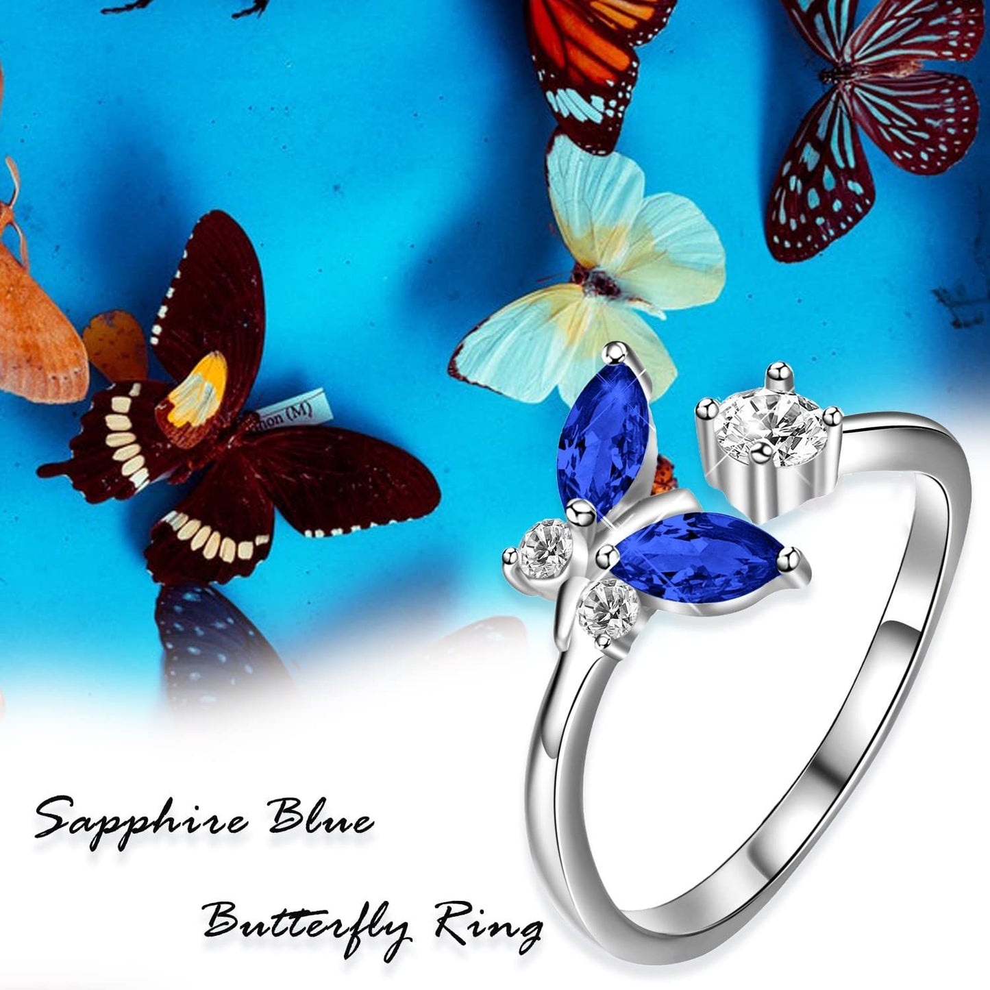 925 Sterling Silver Butterfly Ring With Sapphire Blue Crystal